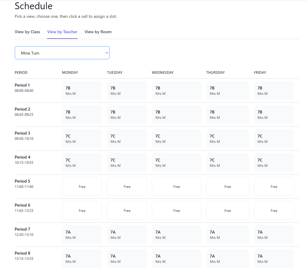 SubnGo schedule grid filtered to view by teacher